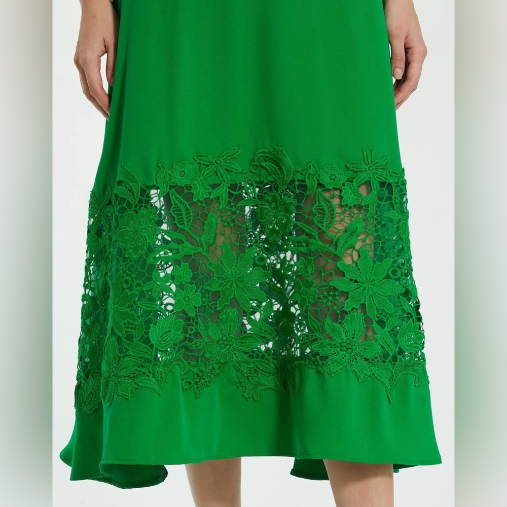 Mac Duggal 21001 Green Crepe Boat Neck Midi Dress With Applique Cut Out Size L - Picture 3 of 9